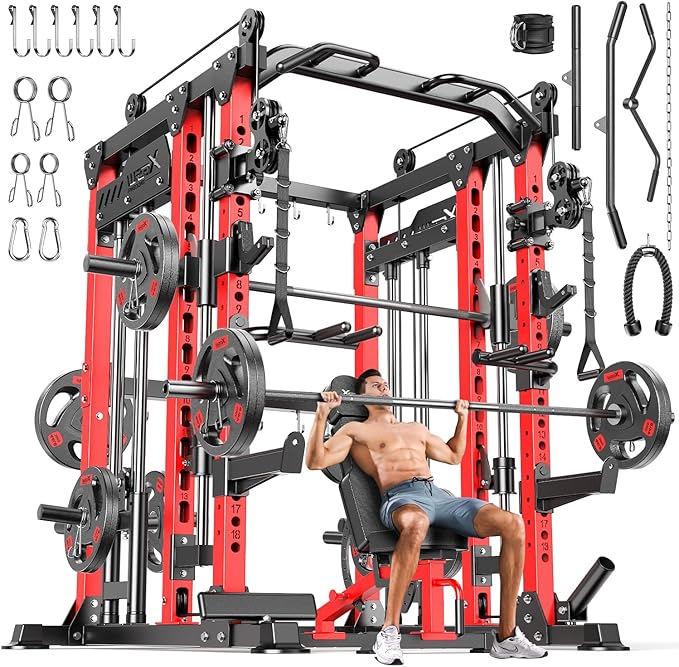 Smith Machine with Cable Crossover System, Multi-Function Power Cage Squat Rack for Home Gym, Power Rack and Packages Weight Sets.