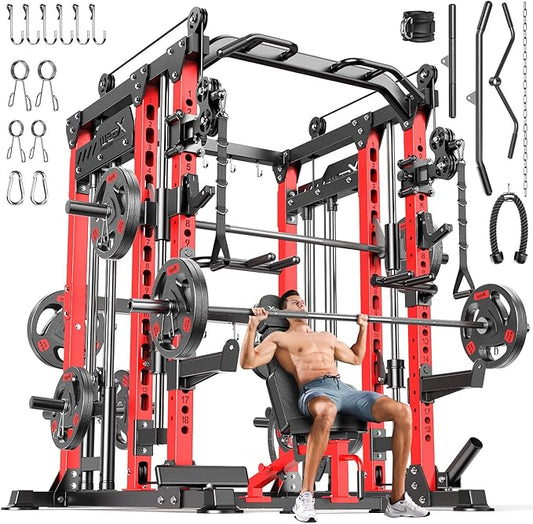 Smith Machine with Cable Crossover System, Multi-Function Power Cage Squat Rack for Home Gym, Power Rack and Packages Weight Sets.