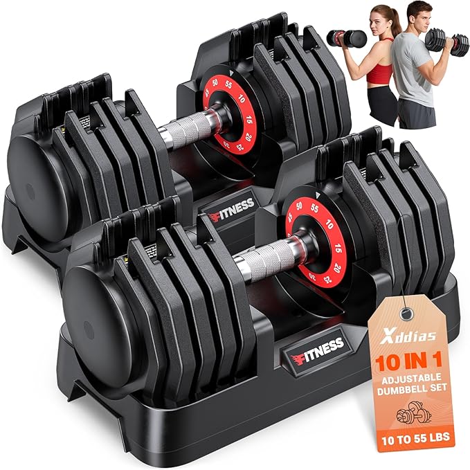 XDDIAS Adjustable Dumbbell Set of 2, 25/55/80LB Dumbbell Set-1Sec Adjustable Weights-5/10 in 1 Free Weights Dumbbells Set with Effortless Tray/No-Slip Handle-Compact Size for Women/Men at Home Gym
