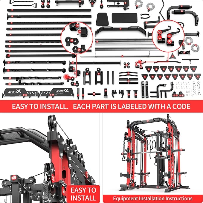 Smith Machine with Cable Crossover System, Multi-Function Power Cage Squat Rack for Home Gym, Power Rack and Packages Weight Sets.