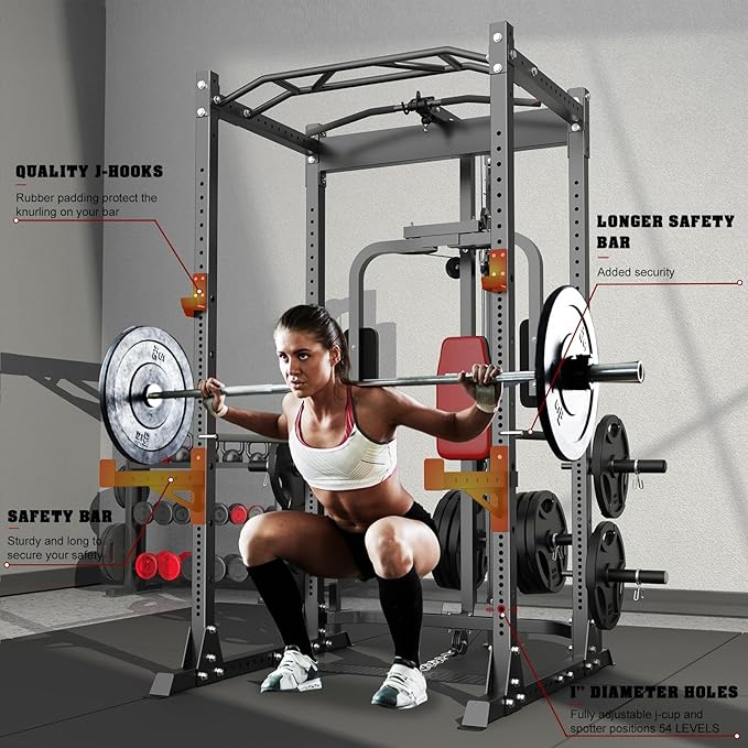 BEKING Power Cage, 2000LBS Power Squat Rack with LAT Pulldown, 2.36" ×2.36" Multi-Functional Squat Cage with Pulley System and More Training Attachments for Home Gym