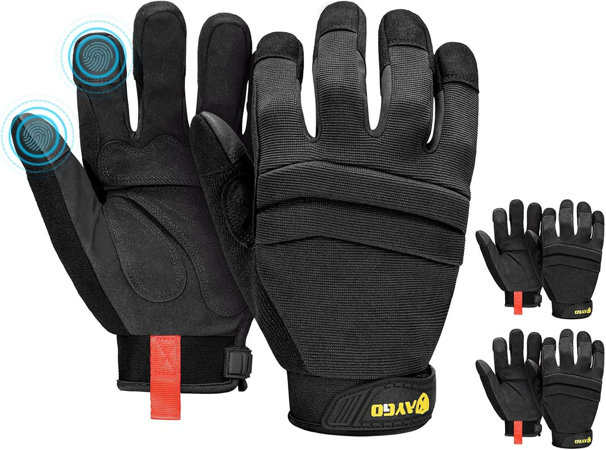 KAYGO Work Gloves For Men, 3 Pairs KG125M Mechanic Utility Work Gloves for All Purpose, Excellent Grip, Heavy Duty, Improved Dexterity, Touch Screen,Black,Medium