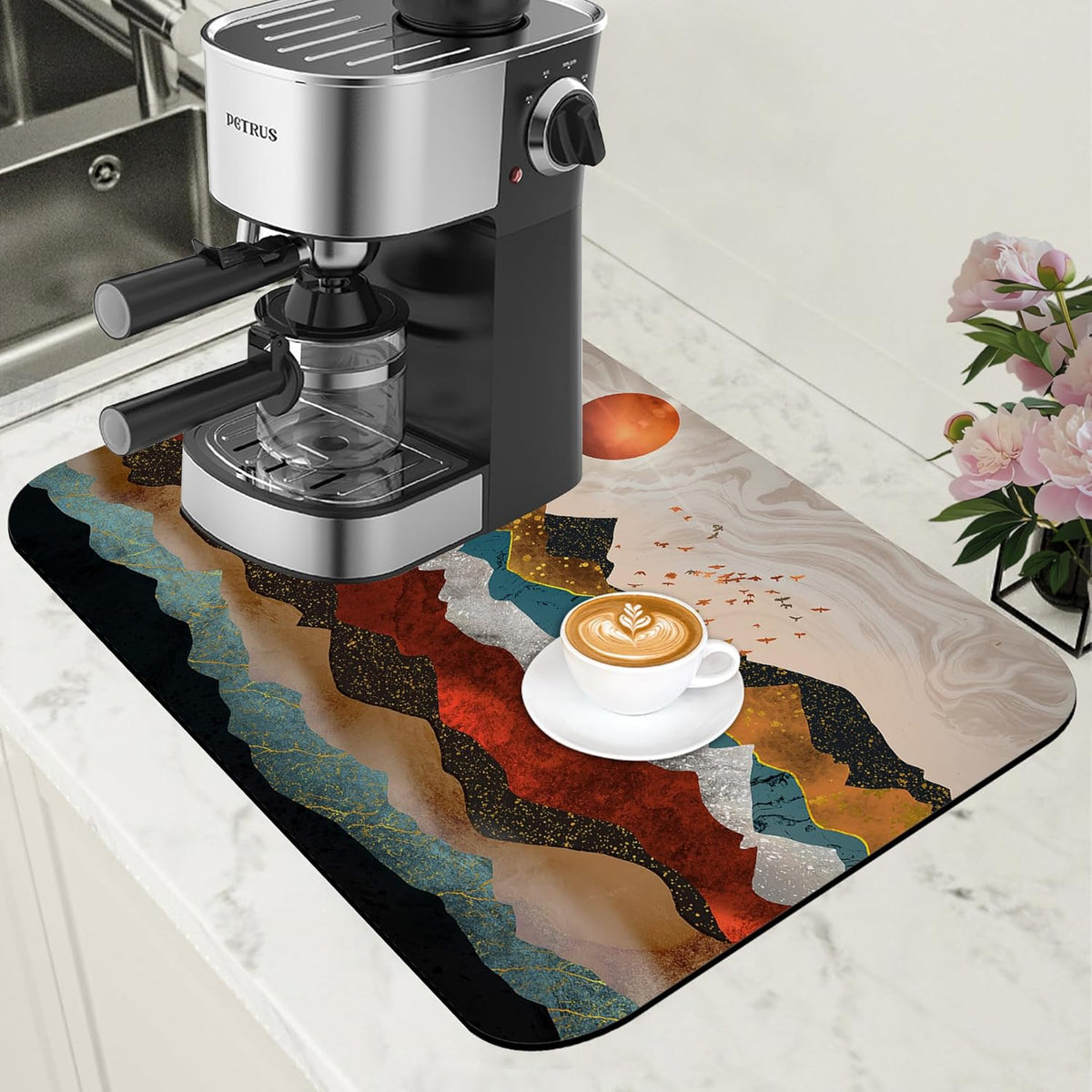 Abstract Golden Mountains Coffee Mat Absorbent Dish Drying Mat for Kitchen Counter Hide Stain Rubber Backed Coffee Bar Accessories Fit Under Espresso Machine Dish Drainer, 11.8 x 19.7 Inch
