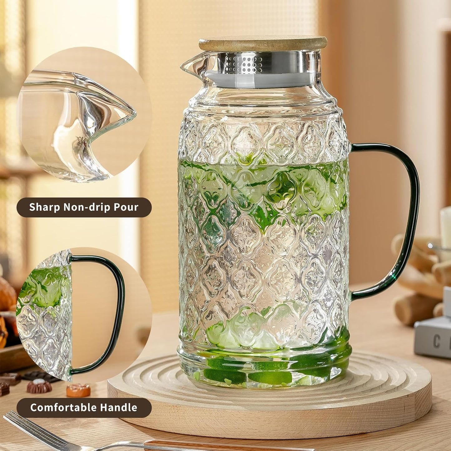 2 PACK Glass Pitcher with Bamboo Lid, 68 oz/2L Vintage Water Pitcher, Clear Borosilicate Glass Water Carafe for Cold Brew, Coffee, Lemonade, Iced Sun Tea,Beverage, Heat Resistant Water Glass Jug