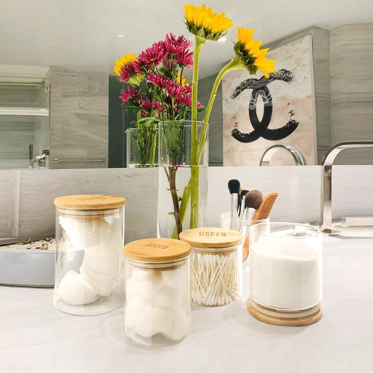 Urban Green Glass Jars with Bamboo Lids, Glass Airtight Canisters sets, Food Storage Container, Pantry Organization and Storage Jars, Kitchen Canisters Sets, Flour Containers of 6