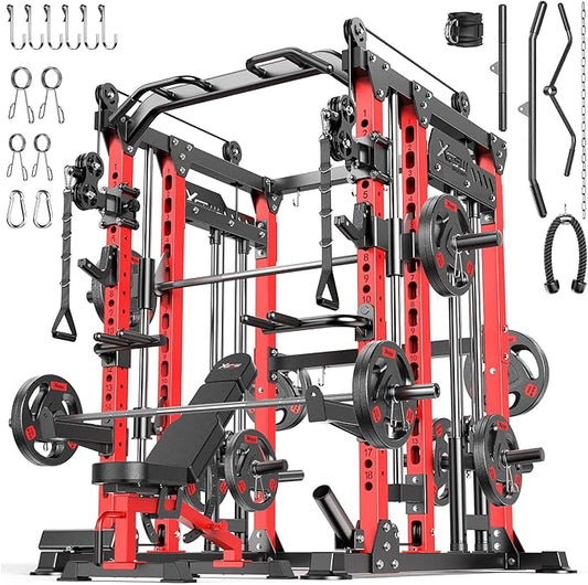 Smith Machine with Cable Crossover System, Multi-Function Power Cage Squat Rack for Home Gym, Power Rack and Packages Weight Sets.
