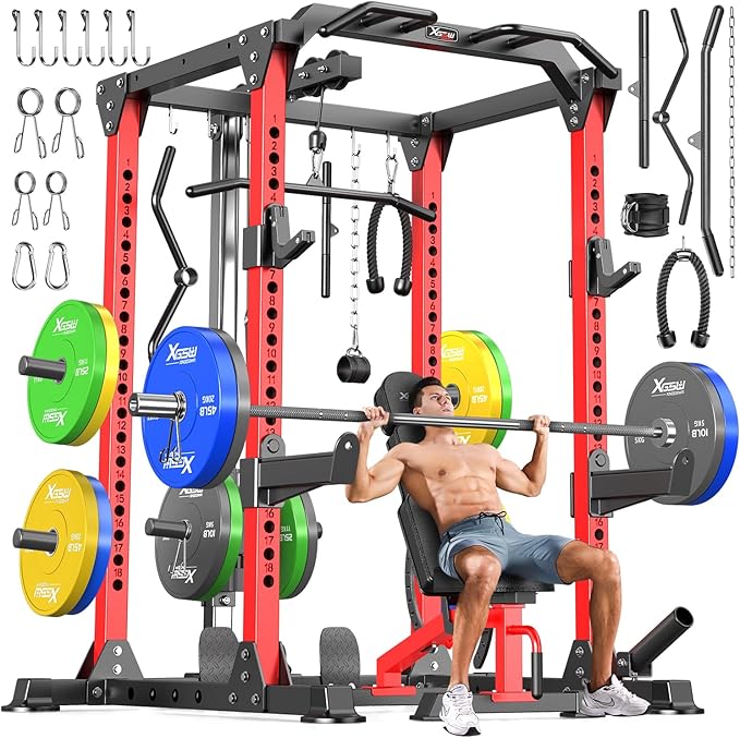 Power Cages Multi-Purpose Squat Rack with Cable Crossover System, Matching Weight Bench, Olympic Barbell Weight Set for Garage and Home Gyms