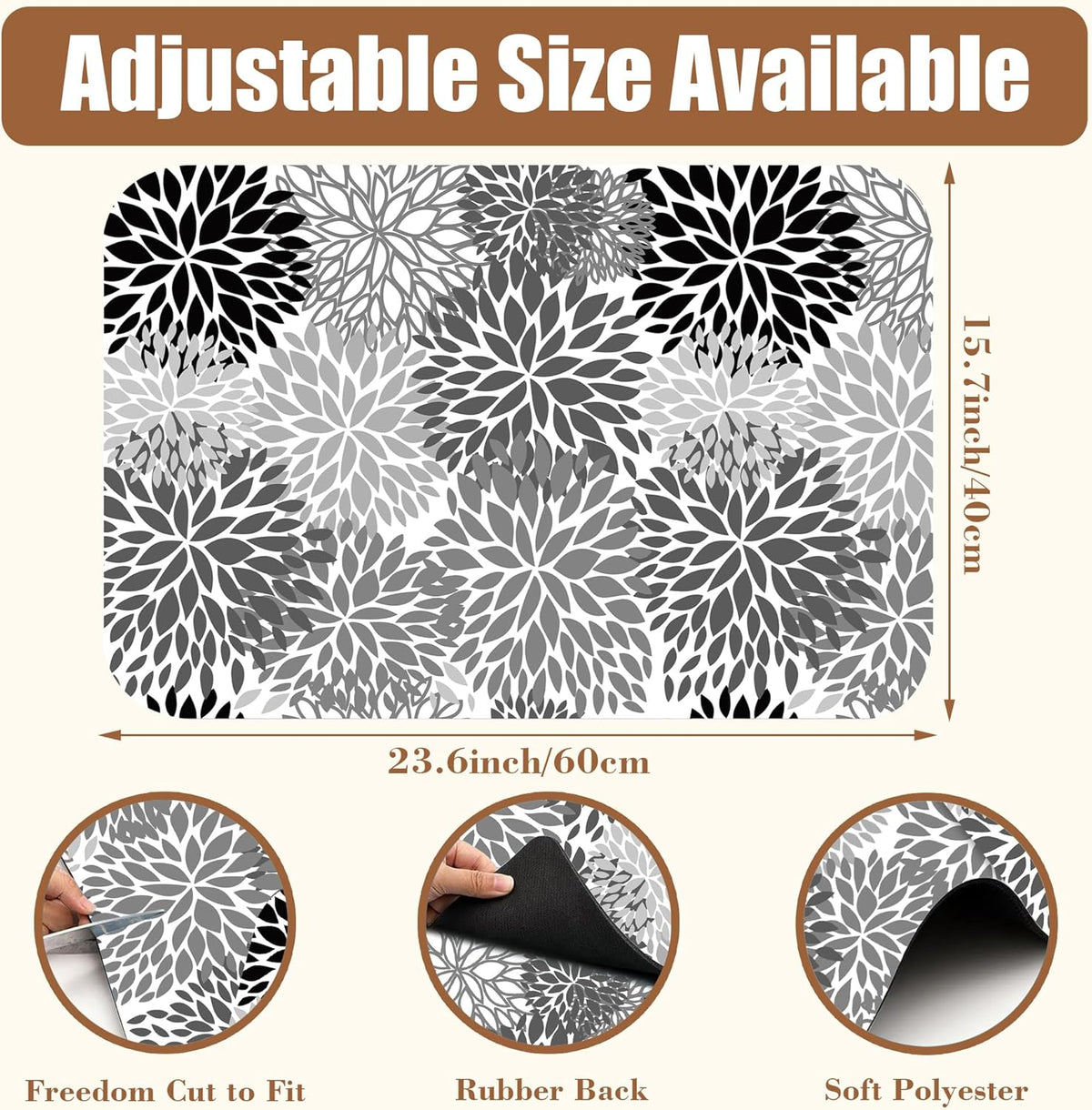 Dish Drying Mat Black and White Chrysanthemum Flower Coffee Bar Absorbent Rubber Backed Hide Stain Dish Drainer Rack Coffee Maker Pot Dining Room Decoration 15.7 x 23.6 Inch