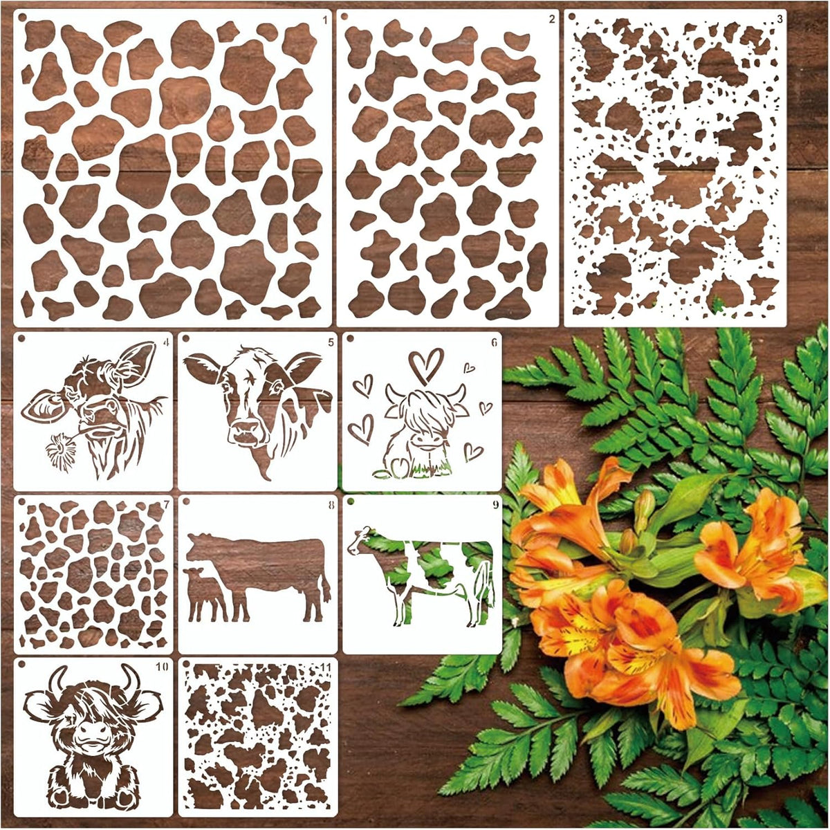 Leopard Print Cow Stencils - Reusable Animal Print Stencils for Painting, Wood Burning, DIY Art Craft on Fabric, Canvas, Furniture (11 Pieces)