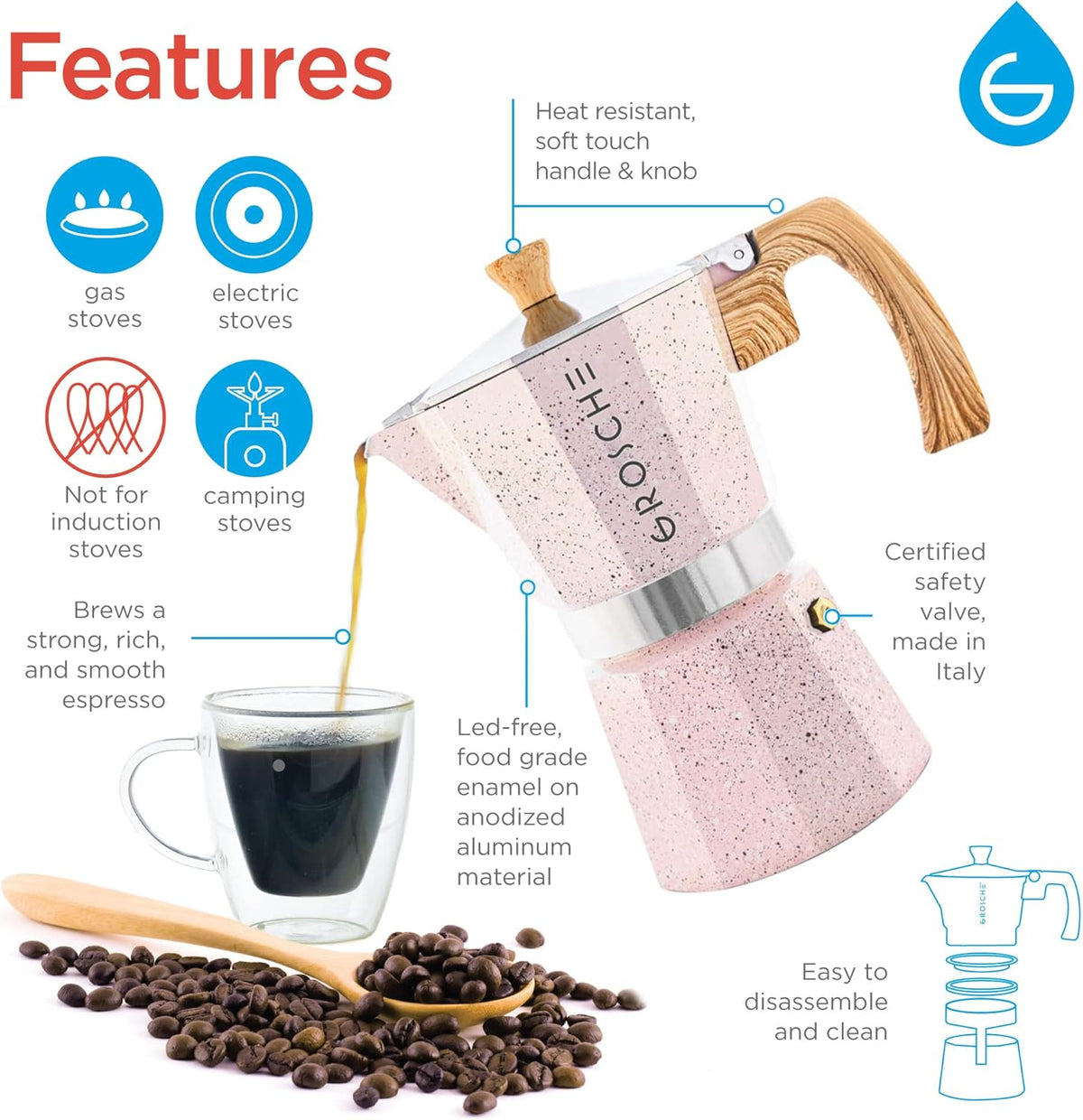 GROSCHE Milano Moka pot, Stovetop Espresso maker, Greca Coffee Maker, Stovetop coffee maker and espresso maker percolator (Pink, 9 cup)