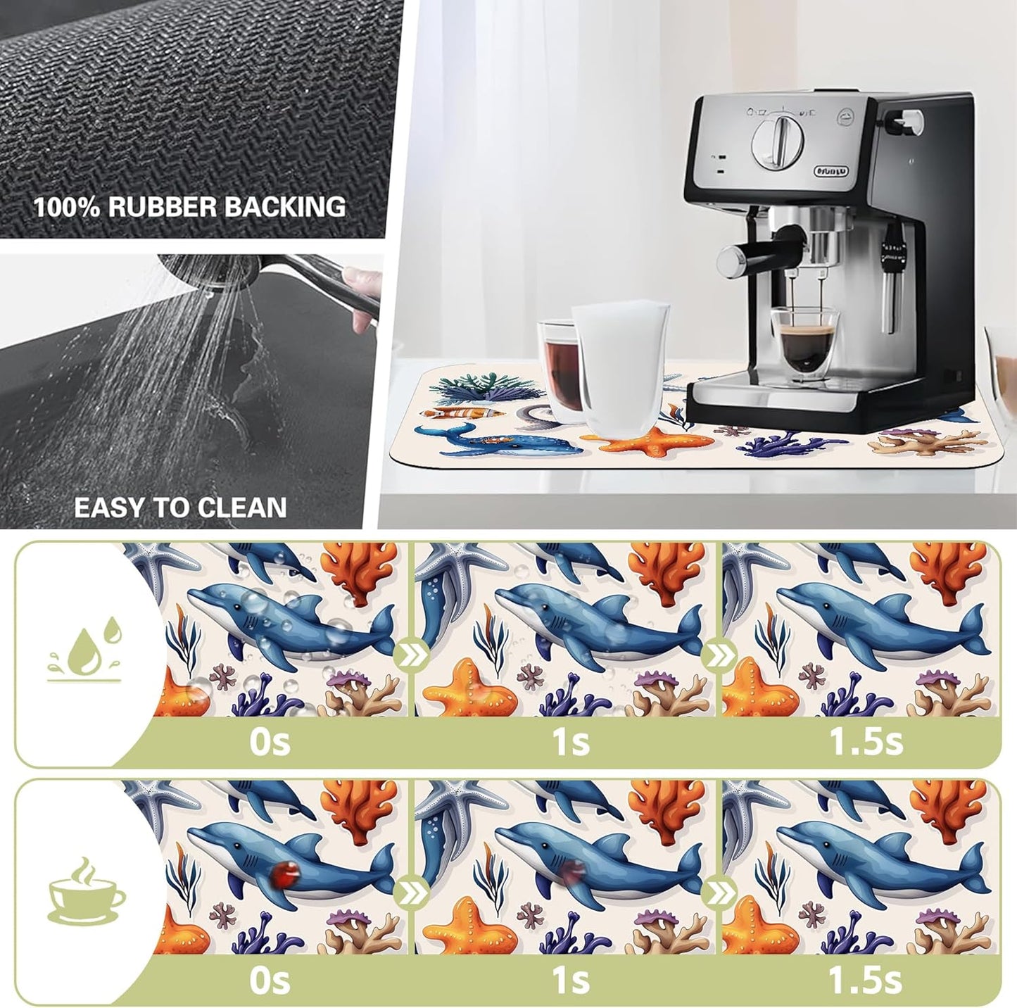 Sea Animals Dish Drying Mat Dolphins Starfish Anemones Kitchen Mat 16"x24" Bsorbent Coffee Maker Mat for Dishes,Utensils Coffee Maker Pots and Pans Easy Clean Dish Slip Resistant Pad