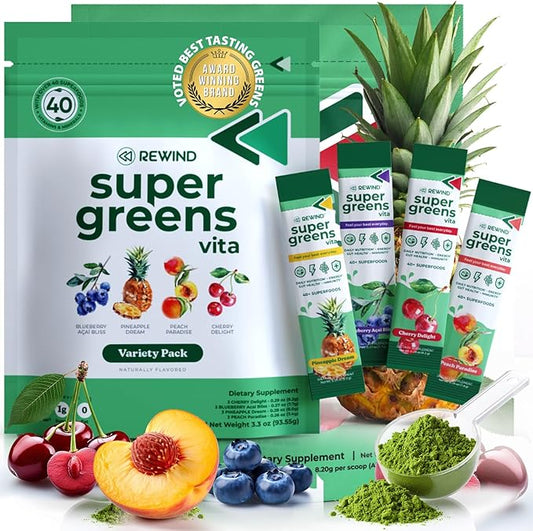Best Tasting Vita Variety Sample Stick Pouch - Super Greens Powder Packets - Delicious Green Juice Drink Mix with Amazing Flavor - Over 40 Superfoods - Variety Pack