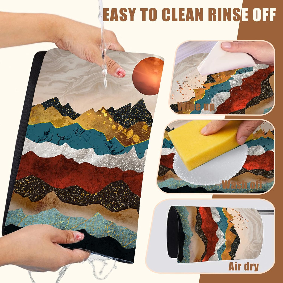 Abstract Golden Mountains Coffee Mat Absorbent Dish Drying Mat for Kitchen Counter Hide Stain Rubber Backed Coffee Bar Accessories Fit Under Espresso Machine Dish Drainer, 11.8 x 19.7 Inch