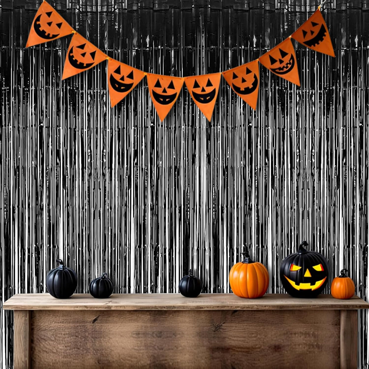 Foil Fringe Curtain Halloweens Party Decorations - Pure Black Tinsel Photo Backdrop Party Steamers Curtains for Birthdays Music Christmas Stranger Theme Parties