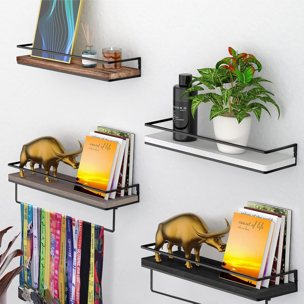 Meangood Floating Shelves Wall Mounted Set of 2, Wall Shelf with Towel Bar Rustic Wood Wall Storage Shelves for Bedroom,Living Room,Bathroom, Kitchen Torched Wood