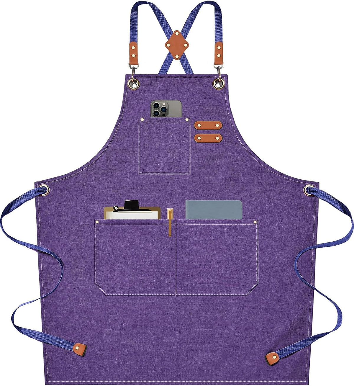 AFUN Chef Aprons for Men Women with Large Pockets, Cotton Canvas Cross Back Heavy Duty Adjustable Work Apron, Size M to XXL (Purple)