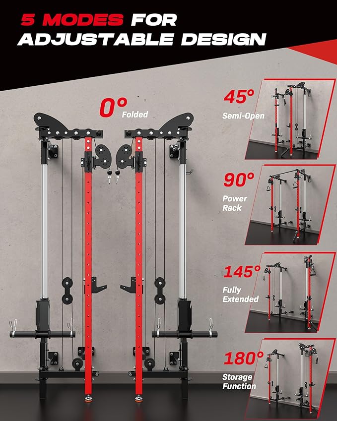 Folding Power Rack, Wall Mounted Squat Rack with Dual Independent Pulley System, Multi-Function Power Cage with 5 Adjustable Function Modes, Power Rack Trainer for Space Saving Home Gym