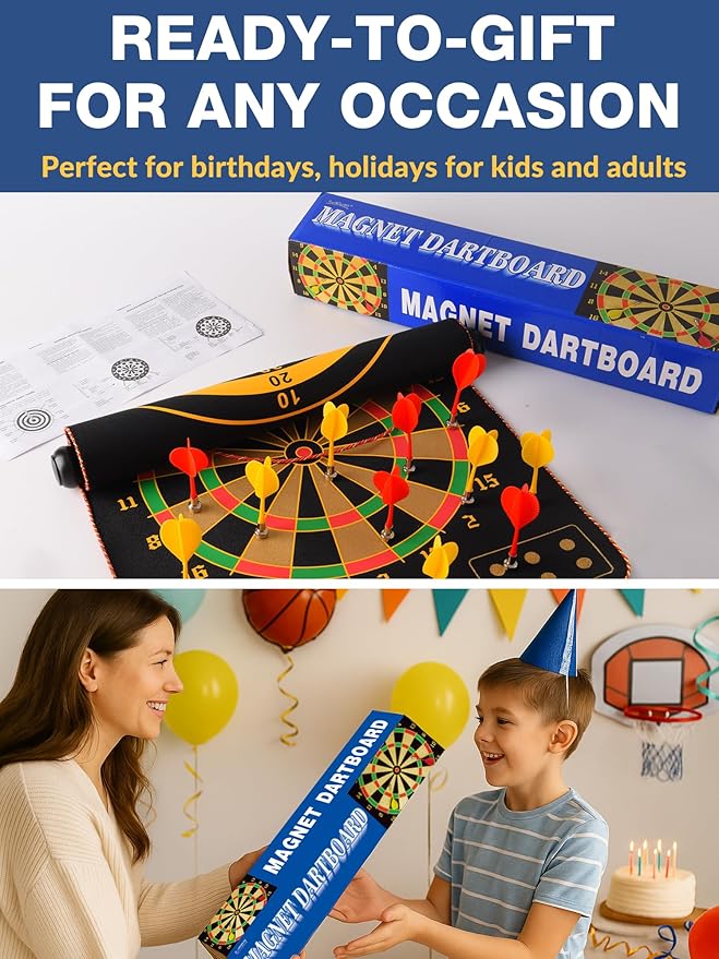 BATURU Magnetic Dart Board for Kids, Teens, and Adults — Double-Sided Dart Board Game with Strong Magnetic Darts, Roll-Up Portable Design, Gifts for Teen Boys, Family Parties, Camping, and Birthdays