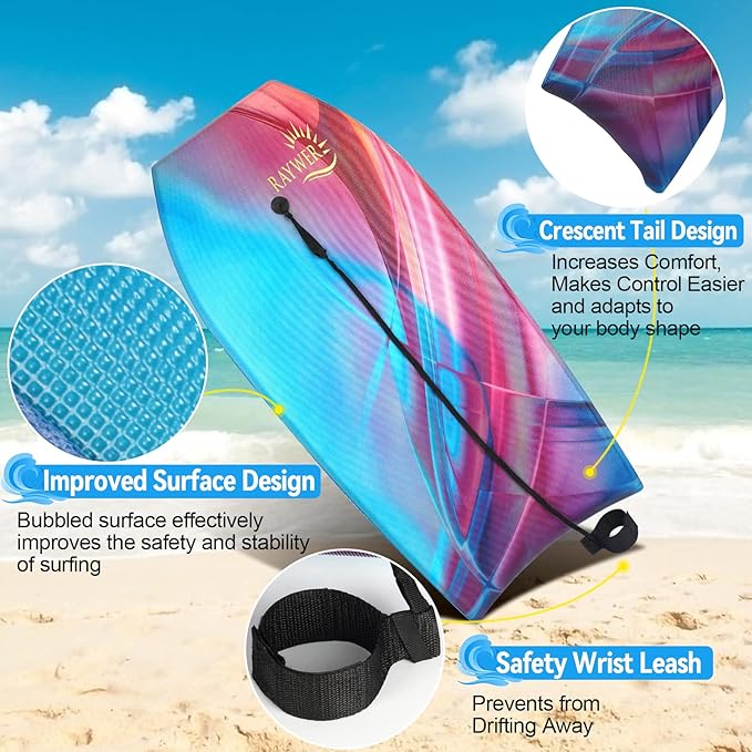 Body Board Lightweight with EPS Core, HDPE Slick Bottom, Leash & Adjustable Wrist Rope, Great Surfing for Kids and Adults