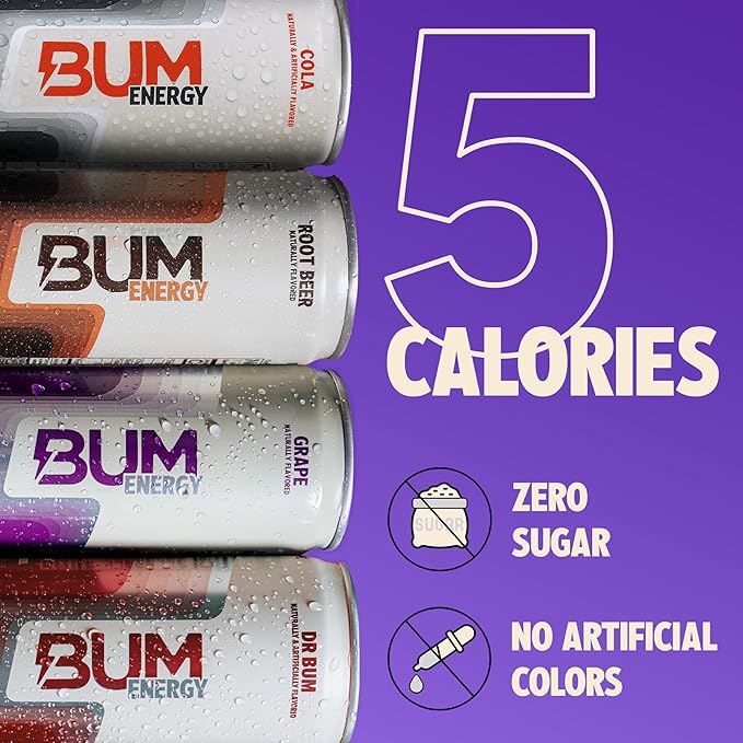BUM Sugar-Free Energy Drink, Variety Pack - Lightly Carbonated & No Artificial Colors, Natural Caffeine & Citicoline for Energy & Focus, Brain Boost & Workout Sports Beverage - 12 oz, Pack of 12