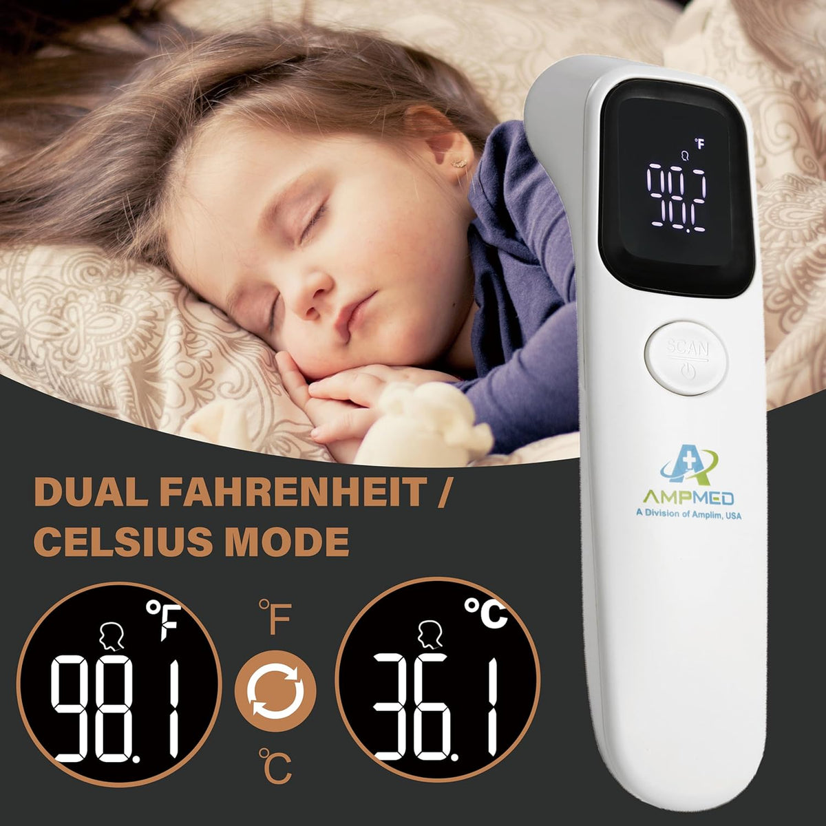 Amplim Forehead Thermometer | No-Touch, FDA-Cleared, Medical-Grade Infrared | 1-Second Read with Audible Fever Alert | Accurate Digital Infrared Thermometer for Adults, Kids, Baby