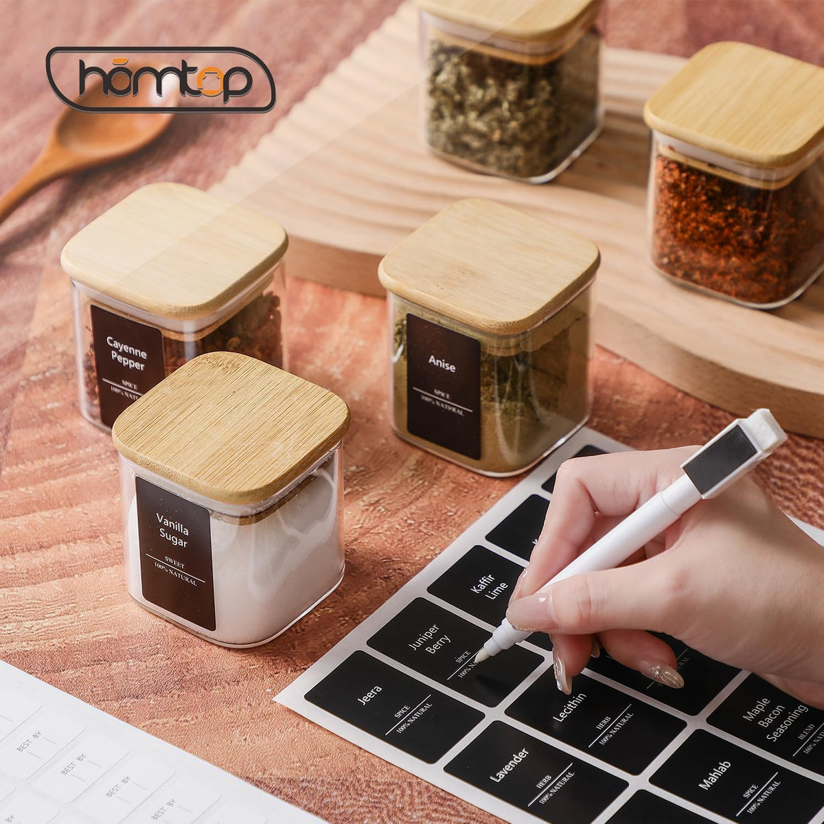 10Pcs 7oz Spice Jars Glass Container with 275 Labels, Airtight Seasoning Empty Organizer with Bamboo Lid Set for Pepper, Salt, Sugar