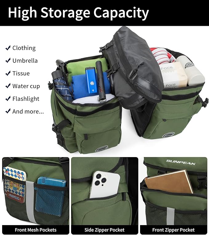 Bike Bag Accessories Panniers for Bicycle Rear Rack Bag 45L Waterproof Mountain Electric Bike Saddle Bag for Cycling Traveling Commuting Green