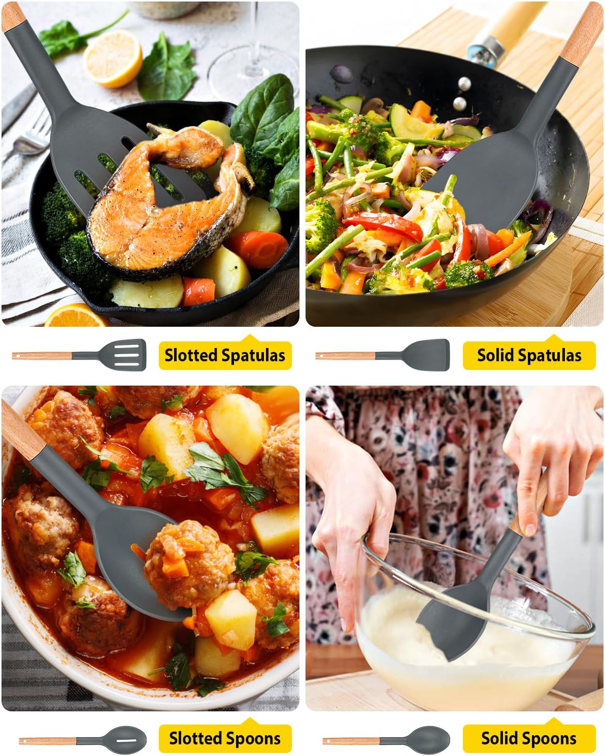 Pack of 4 Silicone Cooking Utensils Set, Non Stick Solid Spatulas and Heat Resistant Slotted Spoons with Wooden Handle, Ideal Wood Kitchen Utensils Set for Frying,Serving,Turning,Stirring (GRAY)