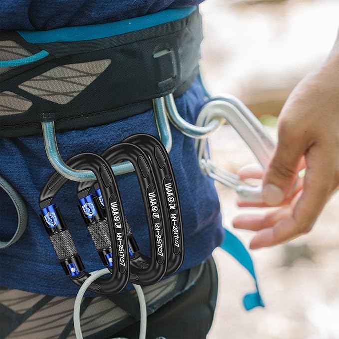 BEIFENG 25KN Auto Locking Carabiner - UIAA Certified Heavy Duty Climbing Carabiners for Rock Climbing, Camping, Rappelling, Hunting, Rescue Equipment - Professional Carabiner Clips (Black)