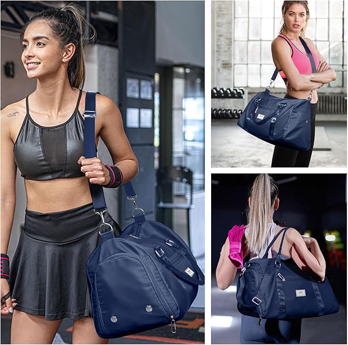 FIORETTO Womens Gym Tote Duffle Bag with Wet Pocket & Shoe Compartment, Sports Duffel Overnight Weekender Hospital Workout Carry on Bag for Girls, Ideal for Travel, Swimming, Dance, Ballet Navy Blue