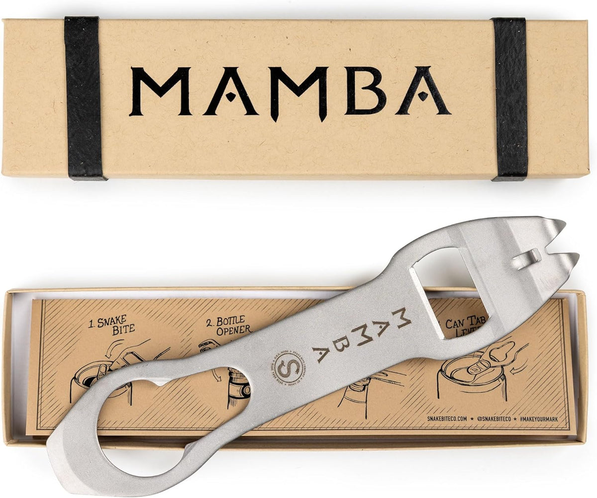 The Mamba Bottle Opener & Bartending Tool – 100% USA-Made, Patented Stainless Steel Bar Key – Flat Bottle Opener for Bartenders, Pour Spout Remover, Church Key Can Punch by Snake Bite