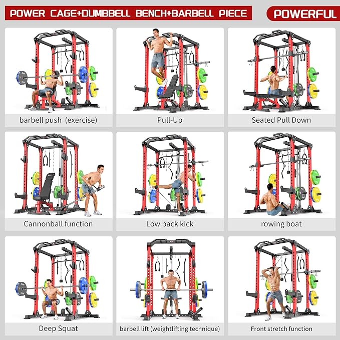 Power Rack Power Cages Multi-Function Squat Rack with Cable Crossover System Selectable More Training Attachment Weight Cage for Garage Home Gym