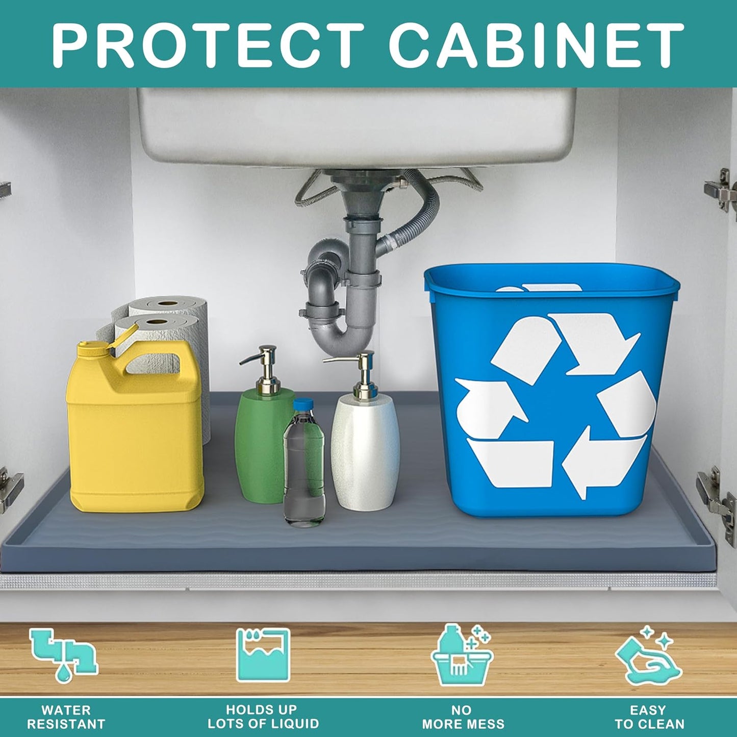 URMONA Waterproof Silicone Under Sink Mat 22'' x 19'' Shelf Liner for Kitchen and Bathroom, Cabinet and Counter Protector, Storage and Organizers, Litter Mat, Pet Cat Puppy Essentials(Beige)