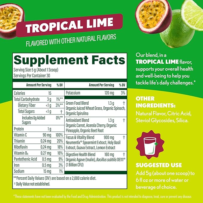 Amazing Grass Sweet Greens and Superfoods Powder for Digestive Health, Greens Powder, Digestive Enzymes, Probiotics, Spirulina, Chlorella, Tropical Lime, 30 Servings