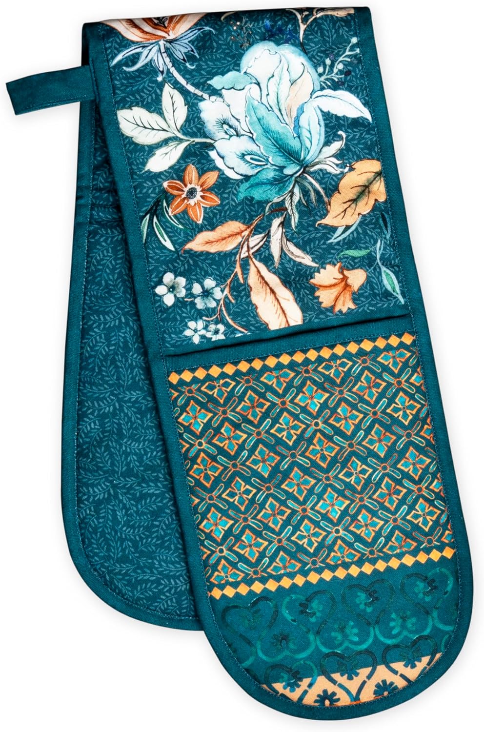 Maison d' Hermine Double Oven Mitts 100% Cotton 7"x35" Double Oven Mitt Heat Resistant BBQ Cooking Gloves with Loop, Baking, Grilling, Home, Kitchen, Handling Hot Pans (Luxury Loft-Dark Teal)