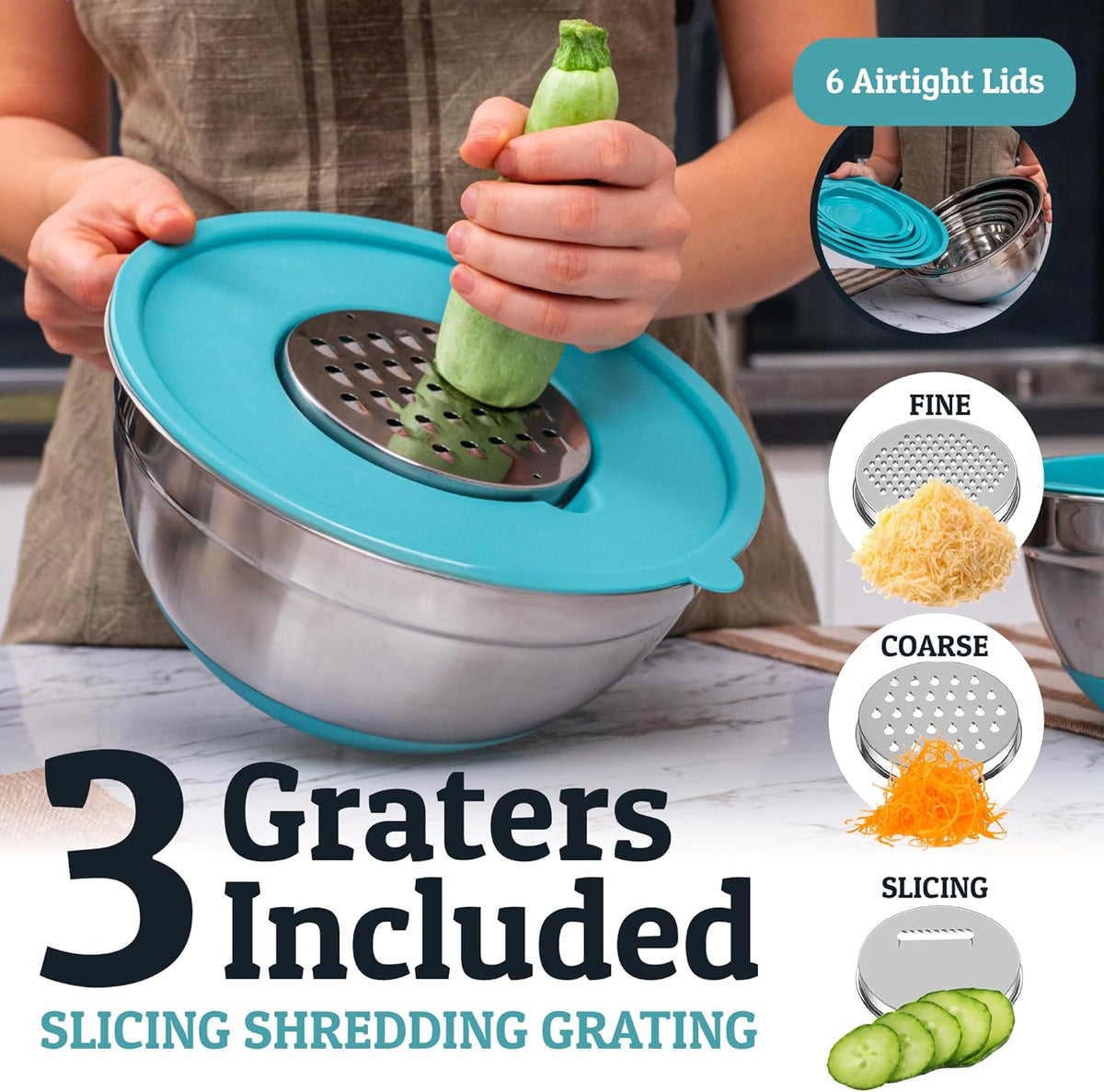 Priority Chef Stainless Steel Mixing Bowls with Lids Set - Premium 30Pcs with 6pc Metal Bowl Set for Kitchen, 3 Graters, Airtight Lids, Non-Slip Bases & Silicone Utensils, Turquoise