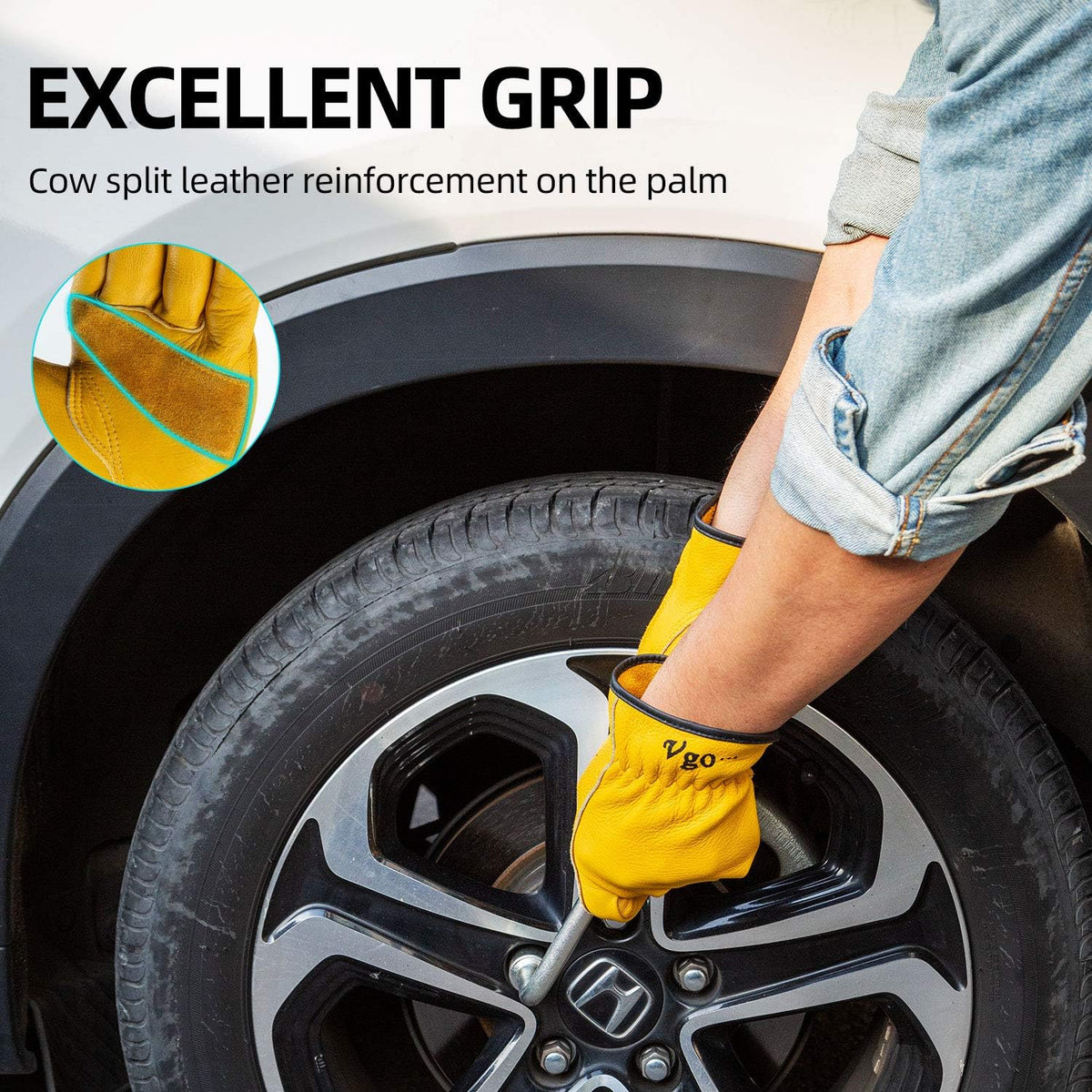 Vgo... 1-Pair Unlined Cow Grain Leather Work and Driver Gloves with Cow Split Leather Palm Patch (Size XL, Gold,CA9590)