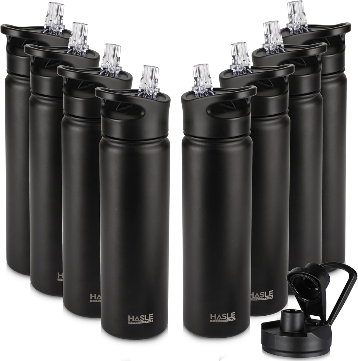 HASLE OUTFITTERS Insulated Water Bottle 22 oz Double Wall Stainless Steel Water Bottle Wide Mouth with Straw Lid & Spout Lid Keeps Cold or Hot(Black,8)