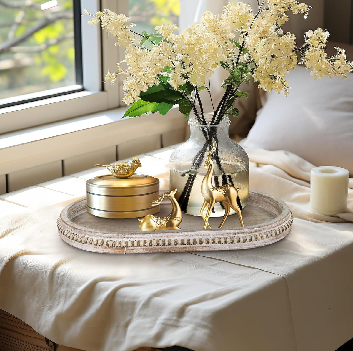 MAONAME Wood Serving Tray, Farmhouse Wooden Tray for Coffee Table, Oval Beaded Trays, Washed White Decorative Trays for Living Room, Kitchen, 15" X 9" X 1.2"