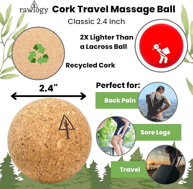 Travel Cork Massage Ball | Lightweight, Sustainable Alternative to Lacrosse Ball for Muscle Pain Relief (2 Piece Assortment, Sanded Cork)