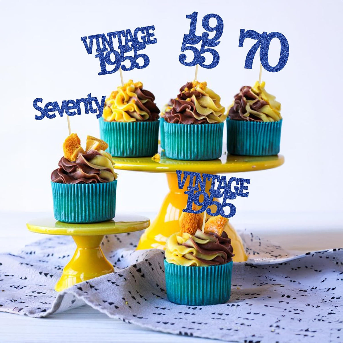 Gyufise 24Pcs Vintage 1955 Cupcake Toppers Glitter Cheers to 70 Fabulous Seventy Cupcake Picks 70th Birthday Wedding Anniversary Party Cake Decorations Supplies Deep Blue