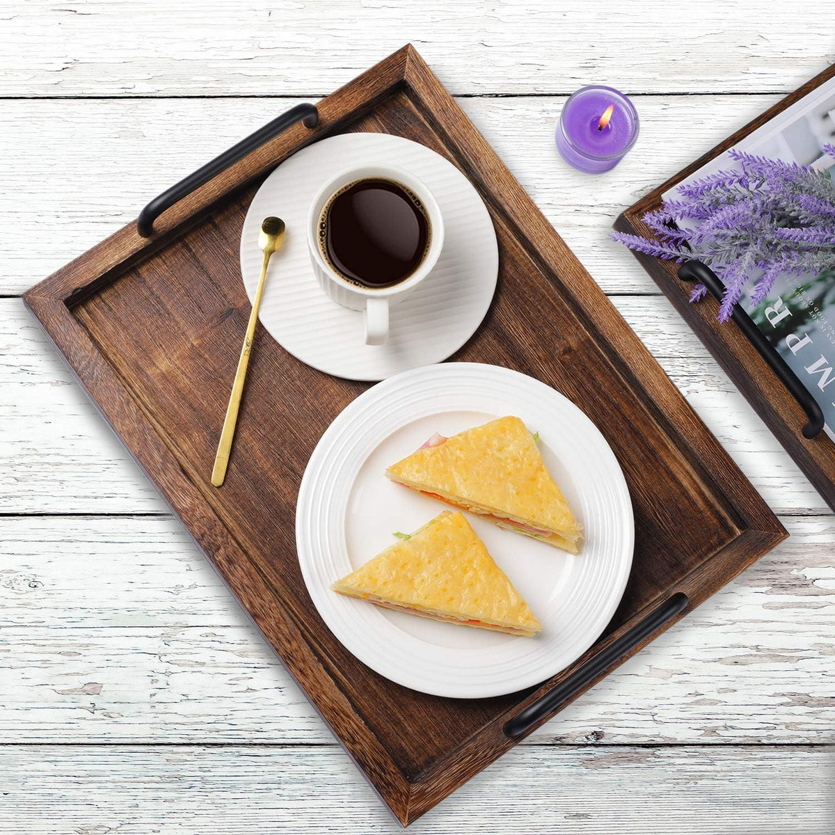 LIBWYS Rustic Wooden Serving Trays with Handle-Set of 2-Decorative Nesting Food Board Platters for Breakfast, Coffee Table/Butler (Large 15.8x11.8x1.2 inches, Small 13.4x9.4 x1.2 inches)