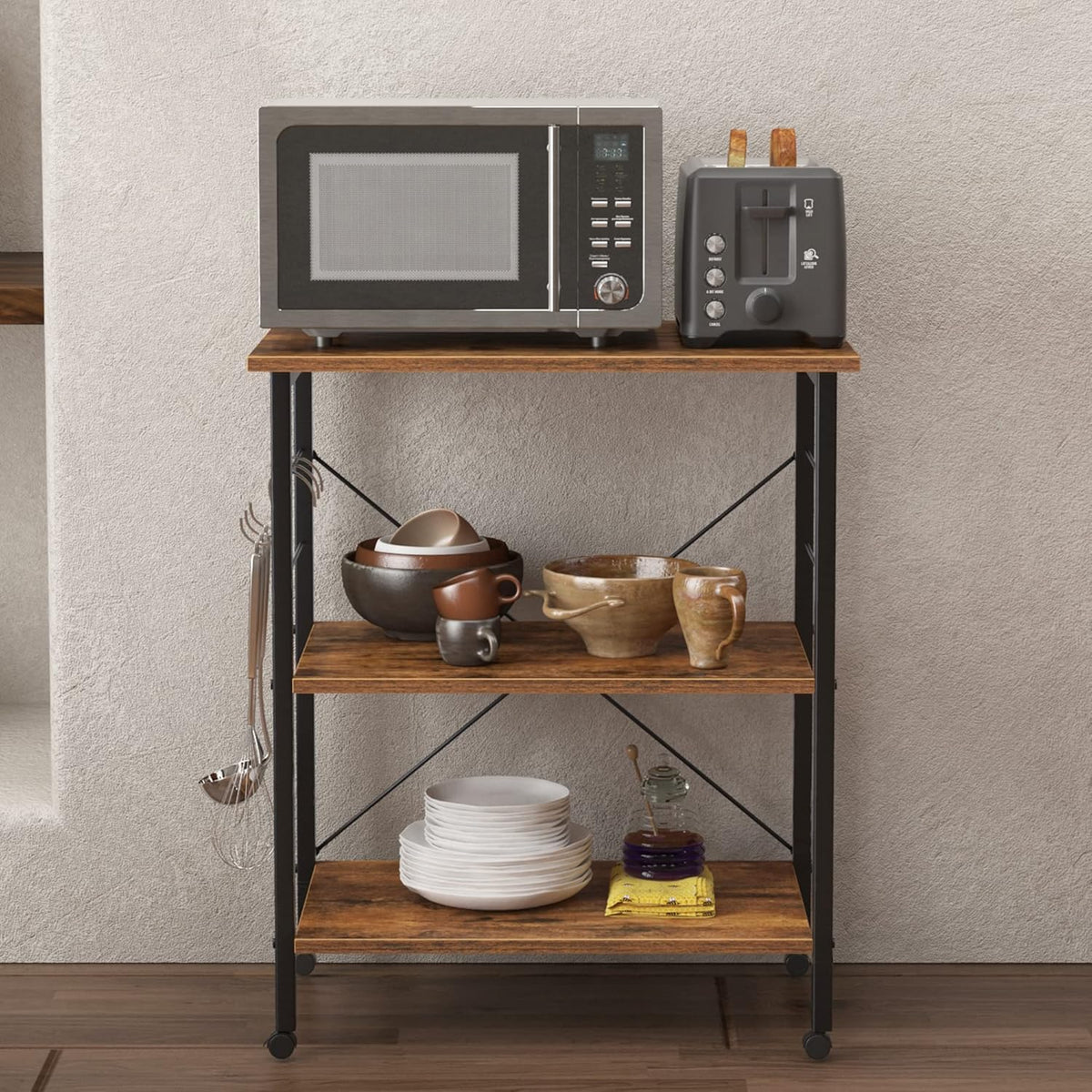 DlandHome Microwave Cart Stand 23.6 inches, 3-Tier Kitchen Baker's Rack Utility Storage Shelf Microwave Stand for Kitchen Organizer Workstation Shelf (Retro)