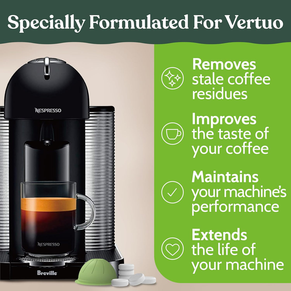 Roobi Cleaning Kit Compatible with Nespresso Vertuoline. Includes 1 Reusable Pod & 12 Cleaning Tablets. Carbon Neutral Vertuoline Cleaner Kit. 1 Year Supply.