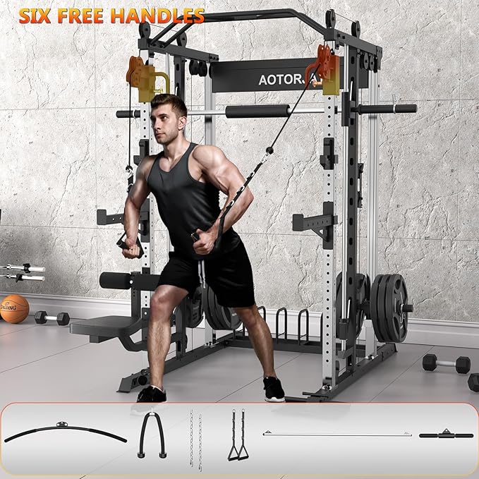Smith Machine Strength Training Squat Rack with Smith Bar, Power Cage with LAT Pull-Down Systems, Cable Crossover Machine for Home Gym and More Training Attachment
