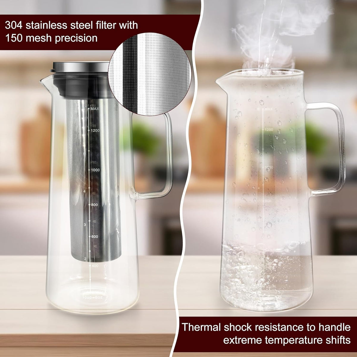 Cold Brew Coffee Maker, 1.4L/48oz Slim Borosilicate Glass Pitcher with Stainless Steel Filter, Fit Fridge Door, Dishwasher Safe & Airtight Lid, Mannual Included, Iced Tea & Fruit Infuser