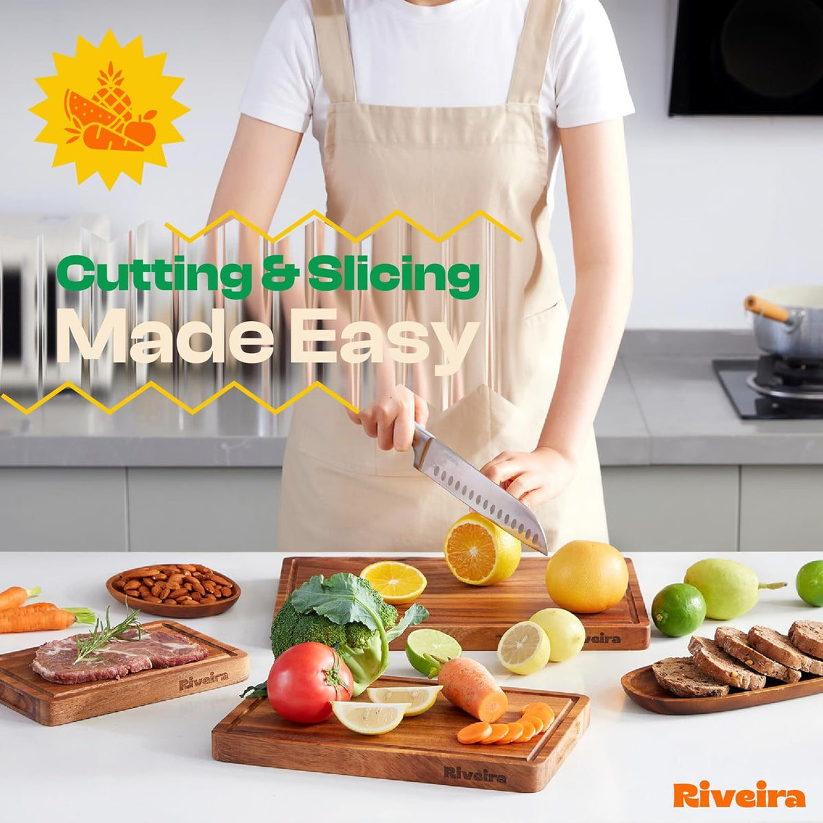 Riveira Walnut Wood Cutting Board – Versatile And Durable: Set Of 2 Pcs Rectangular Wooden Cutting Board – Natural Wooden Cutting Boards For Kitchen – Complete Walnut Wooden Chopping Board