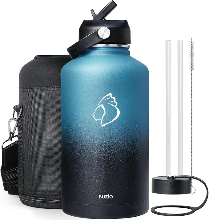 BUZIO Insulated Water Bottle with Straw Lid and Flex Cap, 64oz Double Wall Vacuum Stainless Steel Water Thermo Wide Mouth Lid, Cold for 48 Hrs Or Hot for 24 Hrs Sweat Proof Flask, Indigo Crush