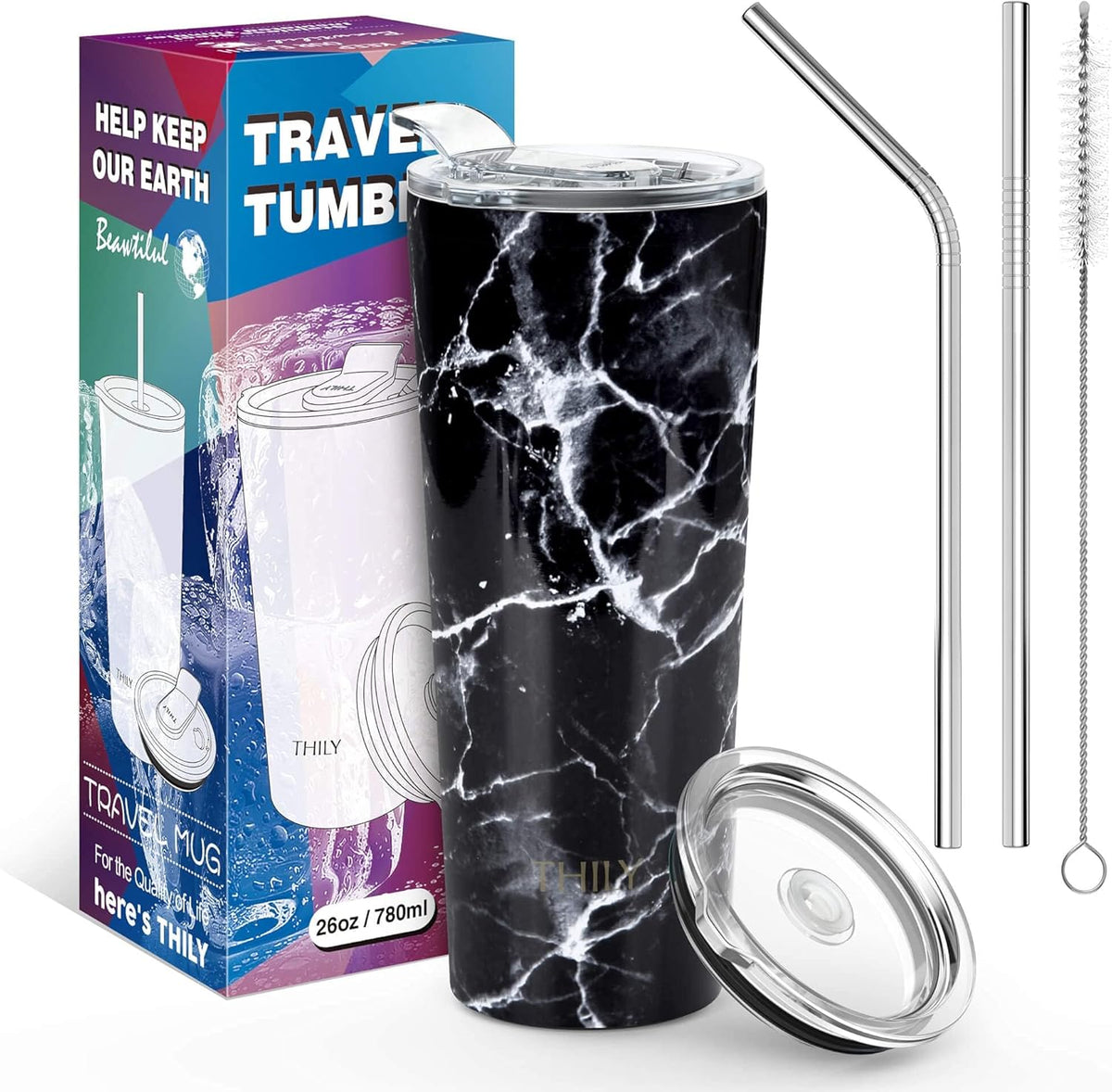 THILY Stainless Steel Vacuum Insulated Tumbler Travel Mug 26 oz Coffee Cup with 2 Lids and Straws, Splash Proof, Keep Ice Drinks Cold, Black Marble