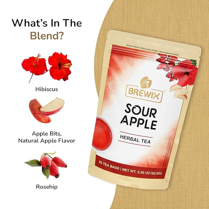 BREWIX, Sour Apple Hibiscus Tea Bags (25 Pyramid Tea Bags) Caffeine-Free Herbal Tea | Apple, Hibiscus, Rosehip | Refreshing Wellness Brew for Any Mood | Hot or Iced Refreshment